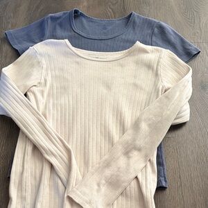 Brandy Melville. Ribbed Long Sleeve Top in Cream and short sleeve Blue
